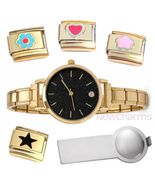 Black Textured Italian Charm Watch Gold Bracelet &amp; Tool &amp; Stainless Stee... - $20.67