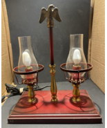 Vintage Bouillotte Brass Double Light Electric Table Lamp Toleware Red  - $59.40
