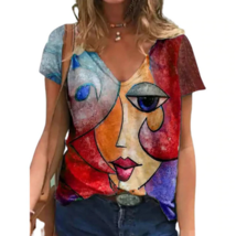 Tops Loose Vintage V Neck Tshirt Women&#39;s Summer Casual Oversize Print Sh... - $9.99