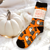 Women&#39;s Halloween Socks Orange Ghost with Happy Boo Sock Label Gift for Her - £10.94 GBP