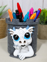 Medieval Fantasy Whimsical White Wyrmling Dragon In Castle Tower Pen Holder - £15.91 GBP