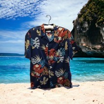 Vintage Neiman Marcus Men&#39;s Blue Tropical Palm Leaf Hawaiian Shirt Medium Read  - £20.97 GBP