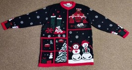 VIntage Ugly tacky Christmas Sweater Cat Fireplace Snowman Bear Snowflakes - £31.16 GBP