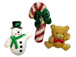 Christmas Brooch Pin Lot of 3 Large Resin Plastic Candy Cane Snowman Teddy Bear - £5.49 GBP