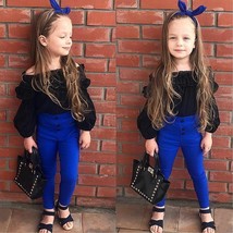 2pc Baby Fashion Girl Long Sleeve Blouse+Blue Pants Kids Casual Clothes ... - £10.21 GBP