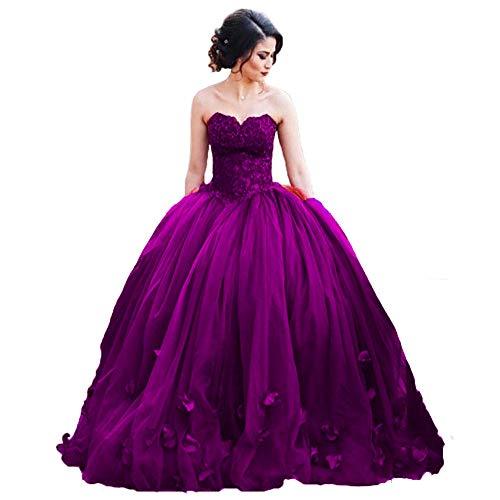 Long Ball Gown Tulle Floral Beaded Lace Formal Evening Prom Dresses Purple US 2