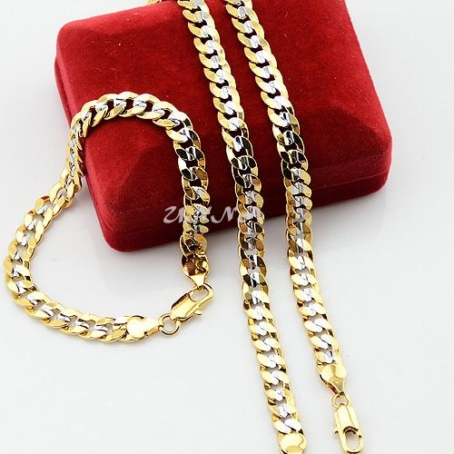 7mm Fashion Men's Women Cut Chains White Yellow Gold Color Curb Set Jewelry Brac - £35.77 GBP