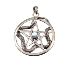 Solid 925 Sterling Silver Weaving Snake Pentacle Pentagram Pendant w/ Gemstone - £55.29 GBP