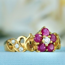 Natural Ruby and Diamond Vintage Style Floral Ring in Solid 9K Yellow Gold - £603.20 GBP