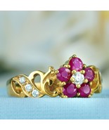 Natural Ruby and Diamond Vintage Style Floral Ring in Solid 9K Yellow Gold - £588.42 GBP