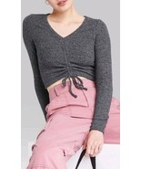 Women&#39;s XL Long Sleeve V-Neck Ruched Front Fitted Sweater Knit T- Wild F... - $17.76 CAD