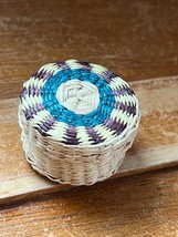 Miniature Woven Round Basket w Purple &amp; Aqua Blue Lid Trinket Box  – 0.75 inches - £6.13 GBP