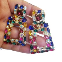 Clip On Drop Earrings, Rhinestone Crystal Earrings, 2.5-inch Colorful Chandelier - £29.40 GBP