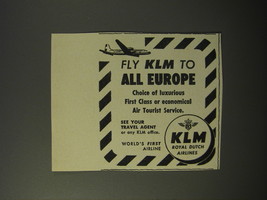 1953 KLM Royal Dutch Airlines Ad - Fly KLM to all Europe - £13.99 GBP