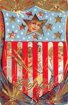 Fourth 4th July Independence Day Children Stars &amp; Stripes Shield 1910c postcard - £5.84 GBP