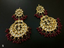 Earrings Indian Traditional Gold Plated Kundan Women Jewelry chand bali Red Bead - £17.09 GBP