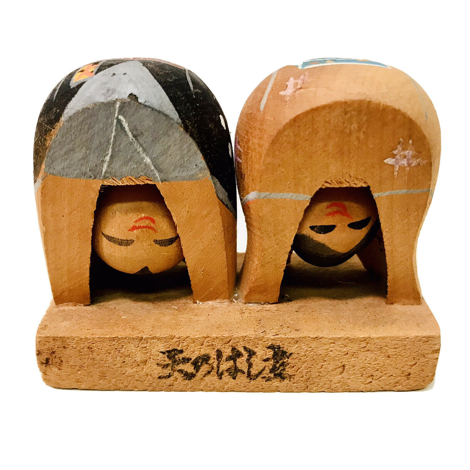 Vintage Asian Wooden Peeking Children Handmade And Hand Painted Figurine - $12.95