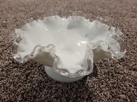 Vintage Fenton Glass White &amp; Clear Ruffled Pedestal Candy Bowl - £17.58 GBP