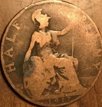 1917 Uk Gb Great Britain Half Penny Coin - $1.85