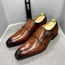 Handmade Men&#39;s Brown Leather Chiseled Plain Toe Double Monk Dress Formal Shoes - £101.78 GBP