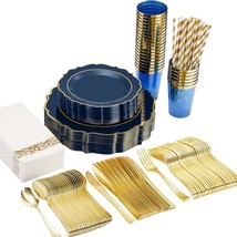 25 Guests Blue Plastic Plates Gold Disposable Silverware Party Dinnerware Sets N - £65.90 GBP