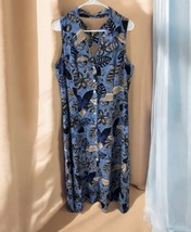 Coldwater Creek Blue Floral Button Up Cross Back Maxi Dress Size 14 Linen Rayon - £26.29 GBP