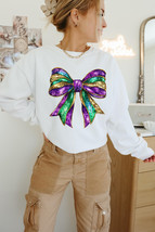 White Mardi Gras Bow Graphic Drop Shoulder Sweatshirt - $20.25