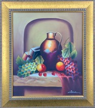 J Jean Stilleben Mit Frucht Handsigniert Öl auf Leinwand Breakfast Vintage Kunst - £188.72 GBP