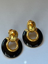 Monet Signed black Enamel Open Circle &amp; Goldtone Door Knocker Dangle Clip Earrin - $14.89