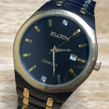 Elgin Diamond Quartz Watch Men 30m Gold Tone Black Japan Movt Analog New Battery - £36.31 GBP