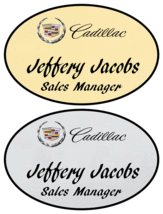 1 GOLD &amp; 1 SILVER OVAL CADILLAC PERSONALIZED NAME BADGES W/ SAFETY PIN F... - £21.48 GBP