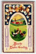 Easter Greetings Postcard Roosters Church Country Gel Baton &amp; Spooner Germany - £6.66 GBP