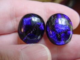 (DE18-91) round Blue Purple glitter black Dichroic glass post pierced earrings - £15.59 GBP