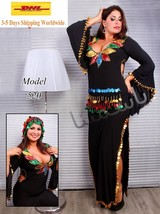 Egyptian Gypsy Belly Dancing Costume Black Dress&amp; Hip Scarf  جلابية رقص ... - £34.98 GBP