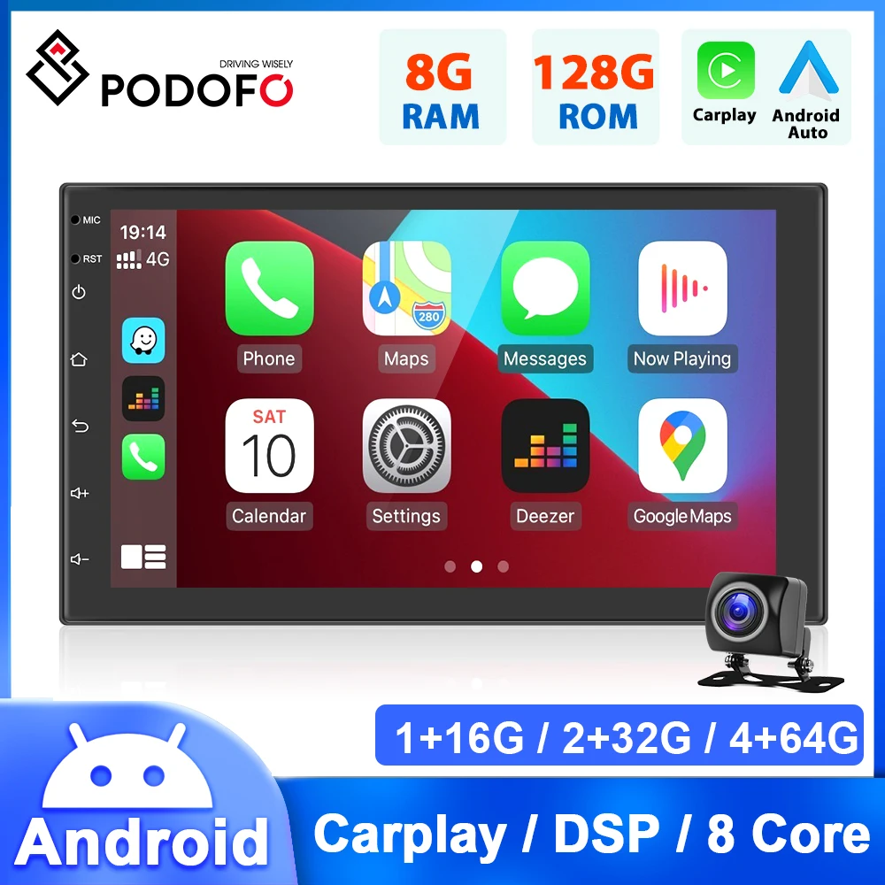 Podofo 2Din Car Radio Android Multimedia Player BT GPS 8Core 8G 128G Stereo - £68.87 GBP+