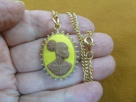 CA10-169) RARE African American LADY yellow + brown CAMEO brass pendant necklace - £21.72 GBP