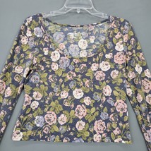 Mossimo Women Shirt Size M Blue Stretch Preppy Floral Crop Long Sleeve Scoop Top - £9.94 GBP