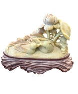 Vintage Chinese Hand-Carved Soapstone Sculpture Of Birds &amp; Lotus On Wood... - €32,75 EUR