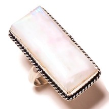 Shiny Rainbow Moonstone Rectangle Gemstone 925 Silver Overlay Handmade Ring US-8 - £7.98 GBP