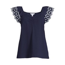 Plus Size Navy Blouse Floral Embroidered Cap Short Sleeve Time and Thru, Size 3X - $11.58