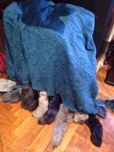 Vintage 1980&#39;s Teal Fox Tail Freeform Sweater Knit Poncho Wrap or Throw - £130.56 GBP