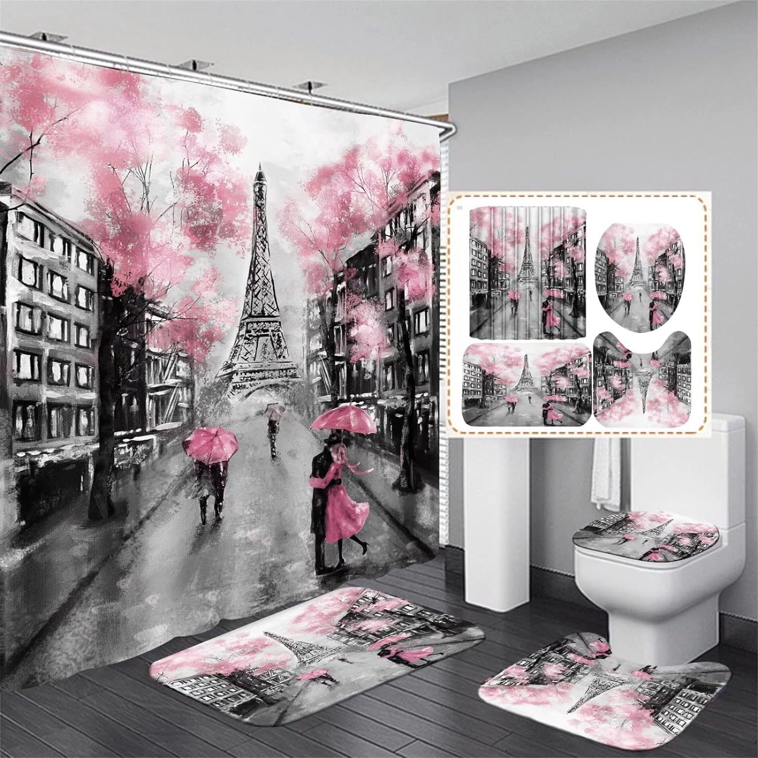 Chrainy 4Pcs Paris Eiffel Tower Pink Shower Curtain Sets Bathroom Set De... - $39.92