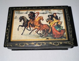 Vintage Russian Troika lacquer Small Wooden Trinket Box- Sled Riding - Antique - $22.63