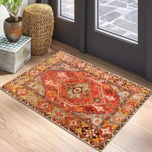 Leevan Oriental Floral Throw Rugs Doormats 2X3 Orange Persian Distressed Indoor - £30.67 GBP