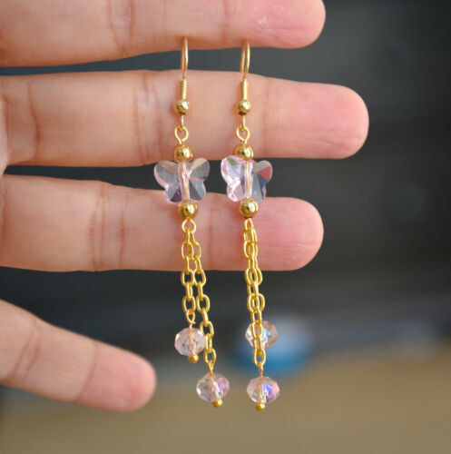 Handmade Pink glass butterfly gold plated long chain Earring - $12.50