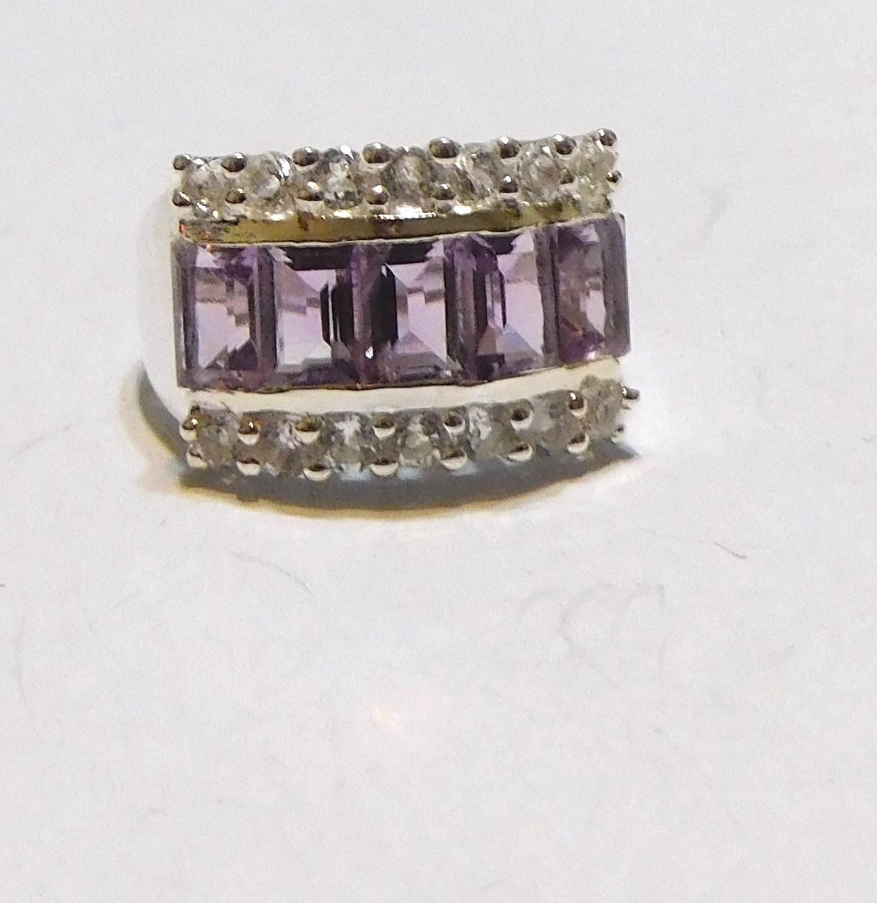 Primary image for PURPLE AMETHYST OCTAGON & WHITE TOPAZ BAND RING, 925 SILVER, SIZE 7, 3.37(TCW)