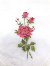 Vtg 1940s Handkerchief Embroidered Pink Roses Floral Pin Up Romantic Hanky White - £21.93 GBP