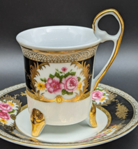 Porcelain Demitasse Tea Cup &amp; Saucer Yau Shing Gold Black Pink Rose - $14.98