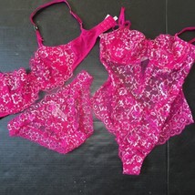 Victoria&#39;s Secret Unlined 34B,36D Bra Set+Panty+S,M,L Teddy Hot Pink Silver Lace - £109.01 GBP