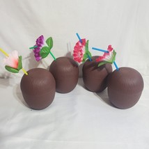 Set Of 4 Coconut Drink Cups &amp; Straw Set for Luau  Party Great Condition. - £19.01 GBP